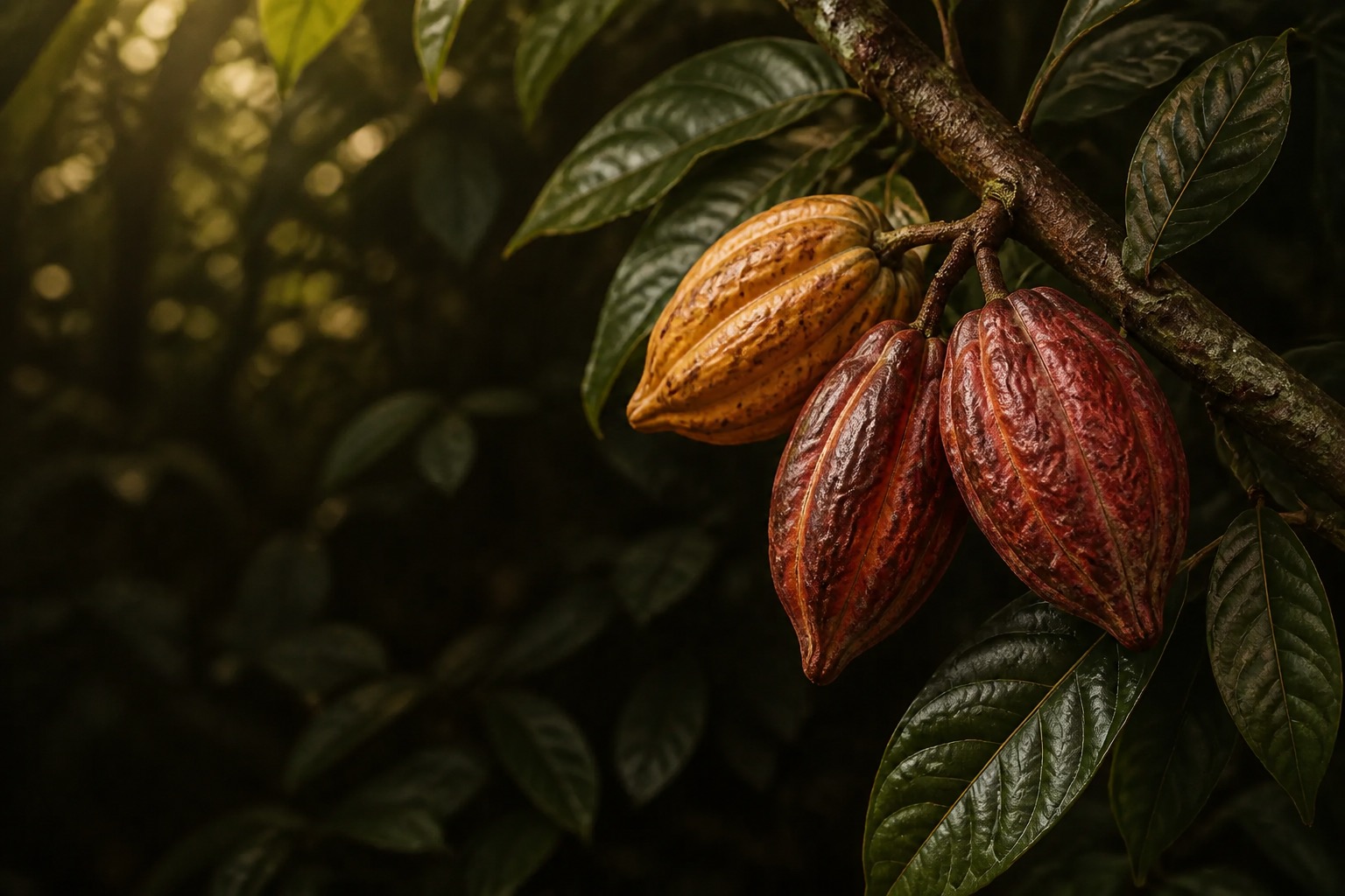 Ripe cacao pods growing on a branch