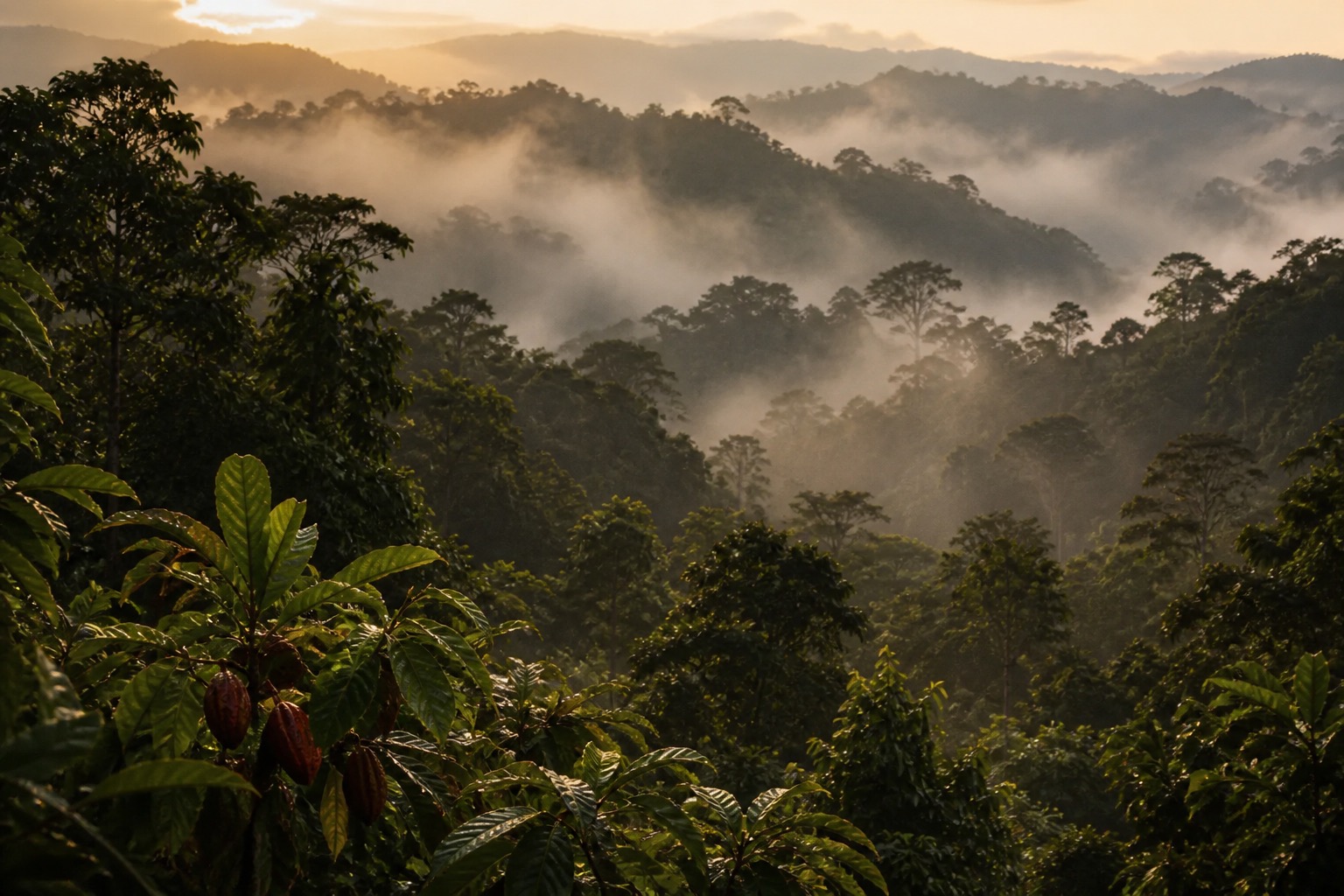 Misty tropical forest canopy where cacao trees grow