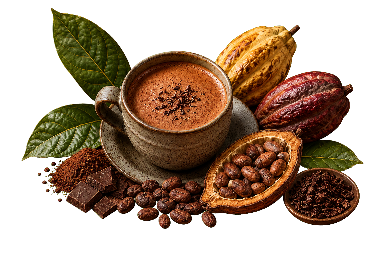 Cup of cocoa with cacao pods, beans, leaves, and chocolate