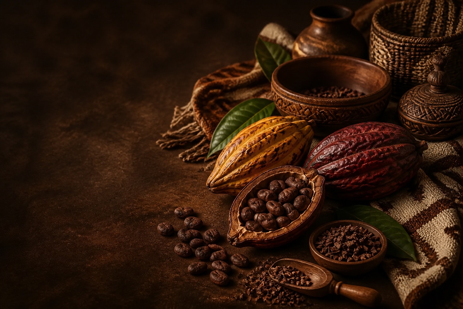 Cacao pods and ceremonial cocoa ingredients