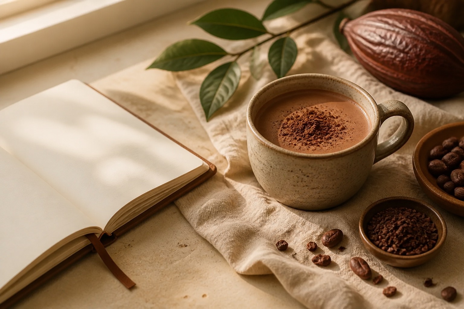 Cup of cocoa beside an open journal