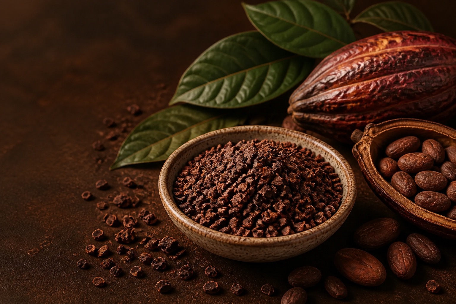 Bowl of roasted cacao nibs