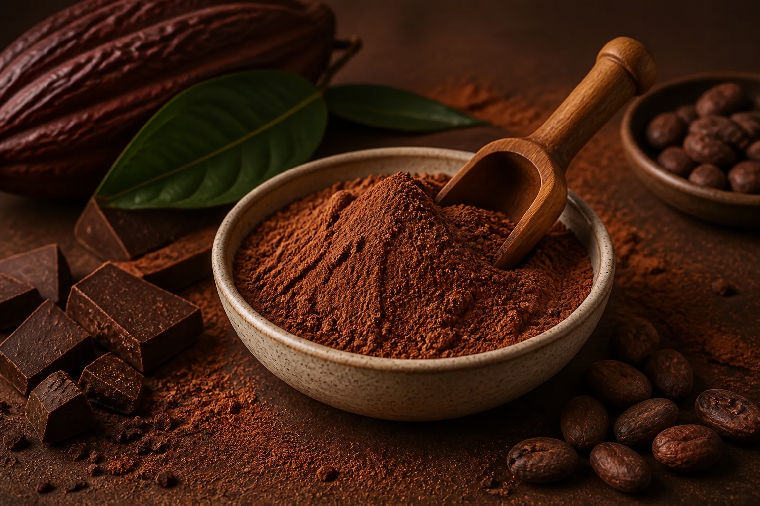 Bowl of cacao powder with scoop