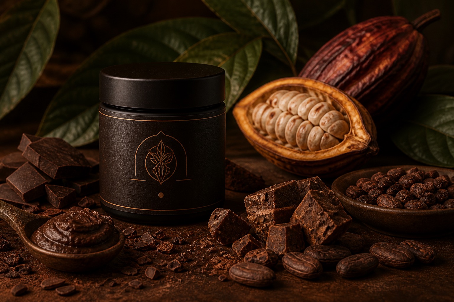 Ceremonial cocoa paste jar with cacao ingredients
